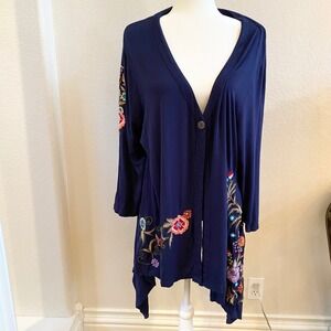 CAITE Navy Blue Embroidered Open Front Cardigan Duster‎ Kimono 2X